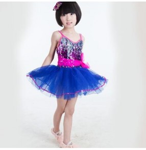 Royal blue rainbow sequins backless girls children performance strap modern dance jazz dance singer dance dresses outfits for kids